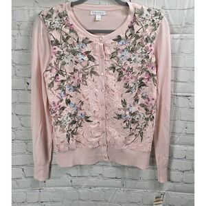 Charter Club Pink Floral Crochet Front Cardigan Small NWT Feminine Lightweight